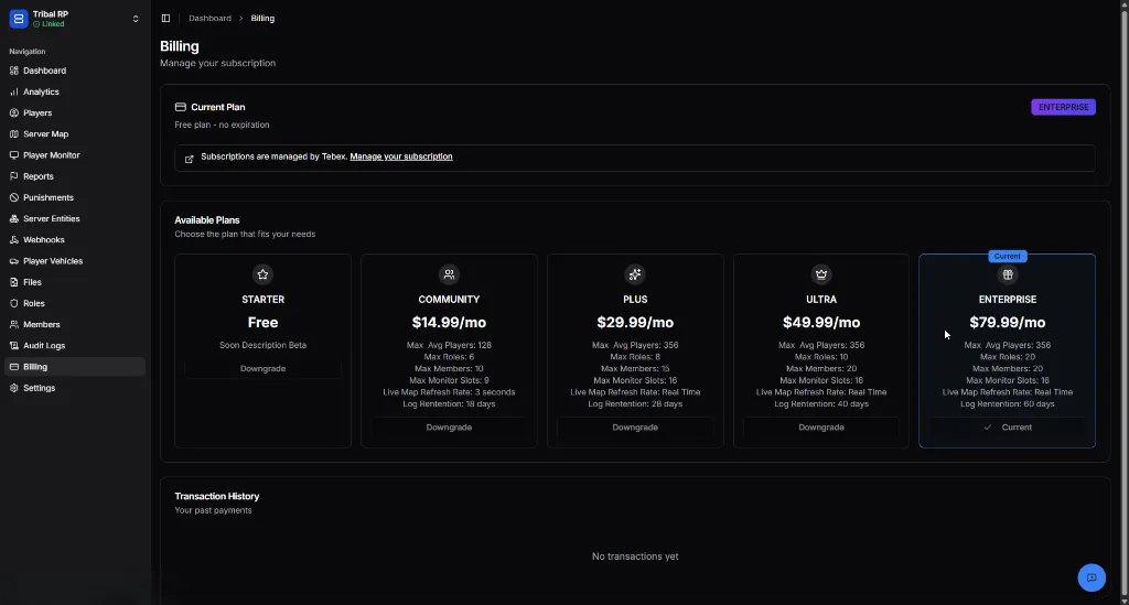 Billing overview showing current plan and available upgrade tiers.
