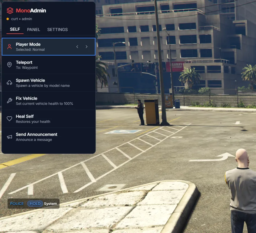 In-game menu Self tab showing player mode and quick actions.
