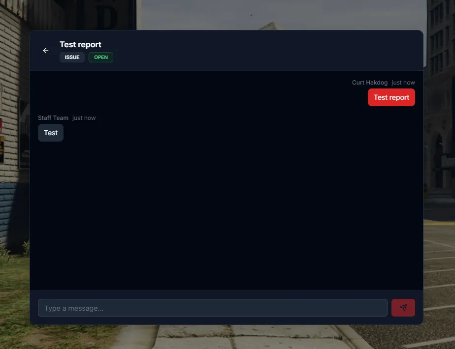 In-game report chat interface showing a conversation between a player and the staff team.