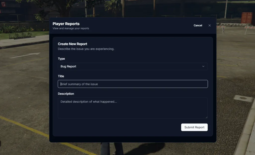 In-game report submission interface showing type, title, and description fields.