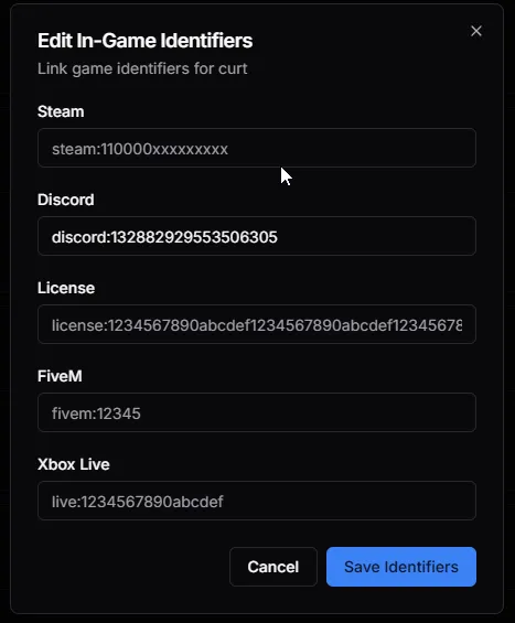 Edit In-Game Identifiers modal showing linked Steam, Discord, and FiveM IDs.
