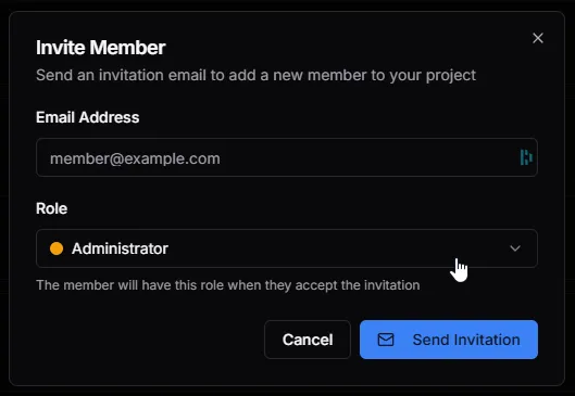Invite Member modal for sending email invitations.