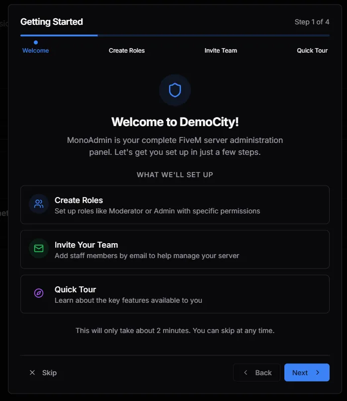 Onboarding welcome screen showing the four setup steps: Welcome, Create Roles, Invite Team, and Quick Tour.