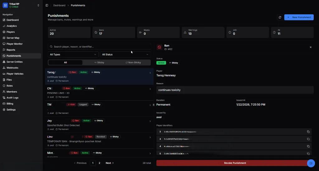Punishments page overview showing active actions and details