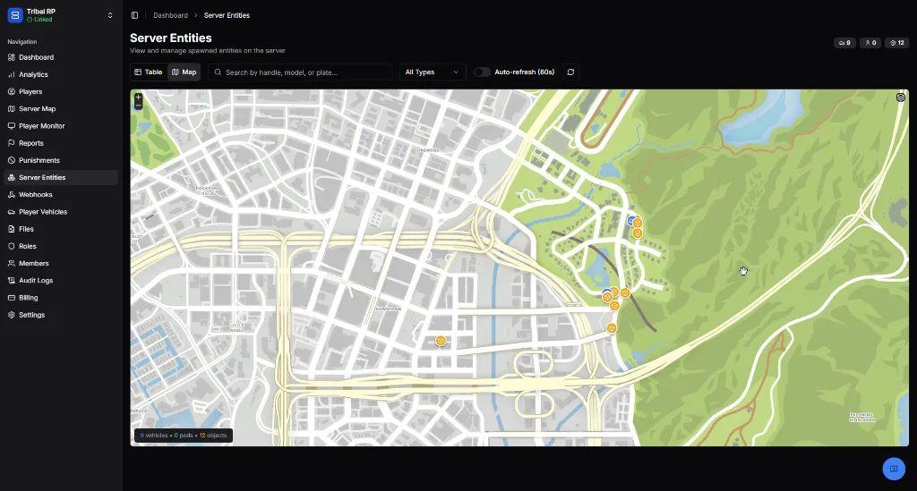 Server Entities map view showing entity markers clustered on the world map.