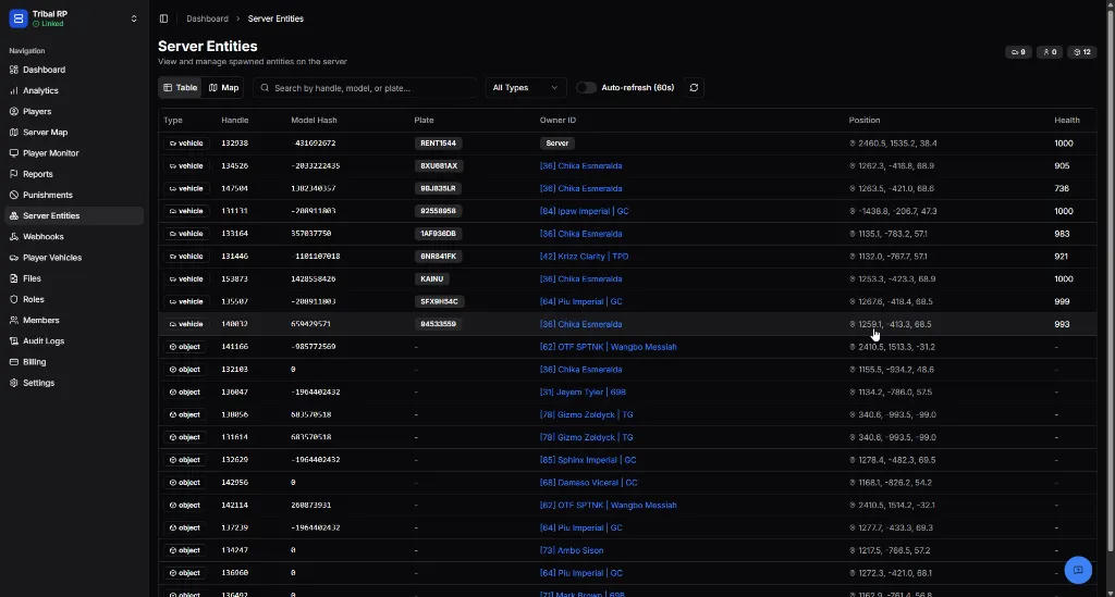 Server Entities table view showing handle, model, plate, owner, and position.