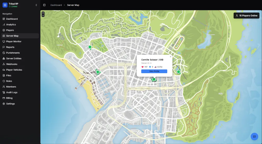 Server Map showing player positions on the game map