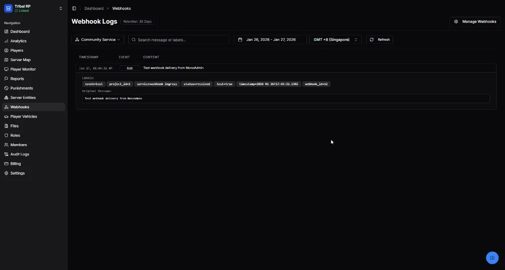 Webhook Logs interface showing delivery timestamps, events, and content labels.